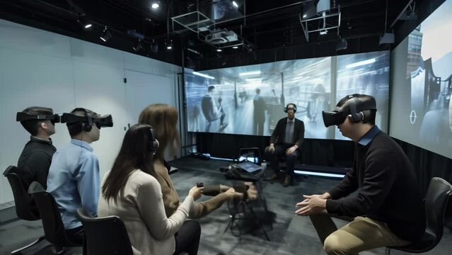 A man wearing a VR headset interacts with a virtual reality exhibit at a museum, surrounded by colorful holographic projections, providing an immersive and educational gaming experience.
