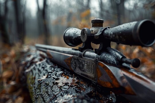 Muzzleloading rifle with blackpowder and scope is perfect for hunting in early dark forests