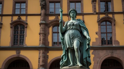 Fototapeta premium Banner with statue of Minerva, goddess of wisdom, war, schools, justice and commerce at Old Bridge in Heidelberg, Germany.generative.ai 