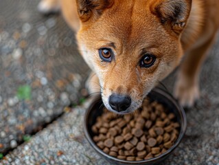 Hungry Shiba Inu dog protecting a bowl of dry food outdoors