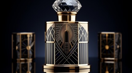 Glamorous Art Deco perfume bottle adorned with geometric patterns, captured in a luxurious 3D render.