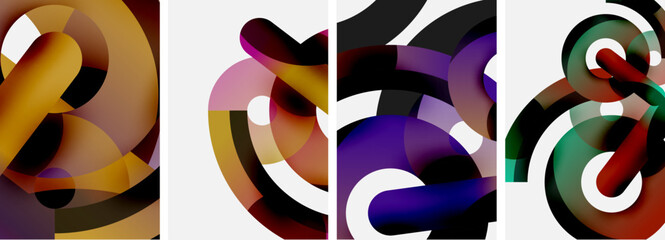 A vibrant collage featuring four colorful circles in shades of purple, violet, magenta, and electric blue on a white background. A dynamic display of art and graphics in a modern pattern