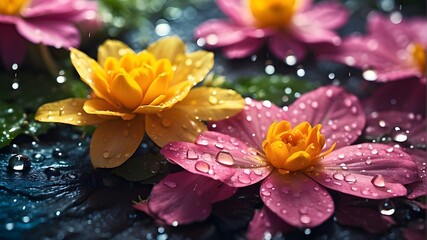 Close-up photograph capturing raindrops on vibrant spring flowers, with each droplet refracting light. Type of Image: Photograph. Subject Description: Raindrops on spring fl