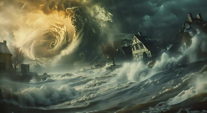 Dynamic illustration of storms and hurricanes, intensified by climate change, wreaking havoc,