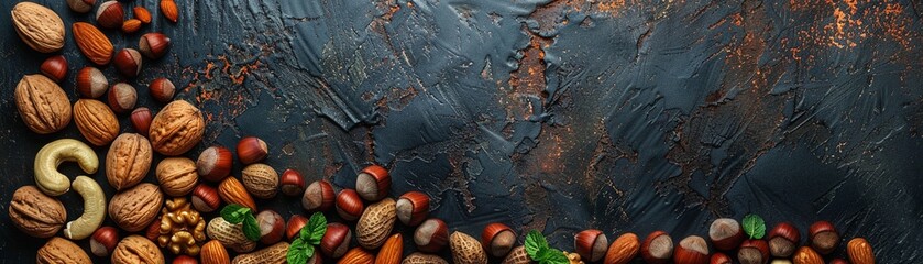 Assorted nuts on dark texture top view - obrazy, fototapety, plakaty