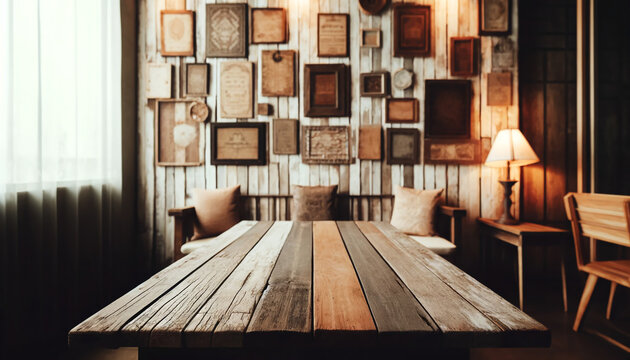 Vintage wooden boards arranged in a charmingly haphazard way create a unique and nostalgic wall decoration for cafes, restaurants, or homes