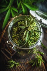 Cannabis buds in jar close-up