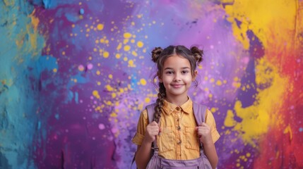 Bright-eyed girl in school uniform expresses joy with thumbs up, set against a vibrant, abstract painted background.