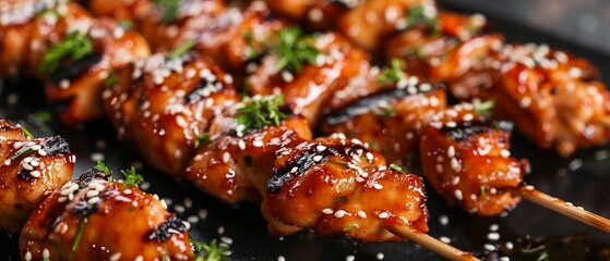 Chicken skewers glisten sesame garnish