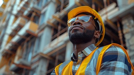 Focused african construction manager stands with conviction at a building site, wearing a safety helmet, reflective vest, and protective sunglasses.