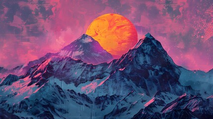 Retro purple pink snow mountain illustration poster background - obrazy, fototapety, plakaty