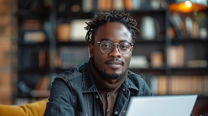 Pprofessional African-American male wearing glasses works intently on a laptop, seated in a cozy, modern library setting surrounded by books.