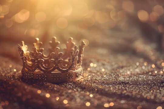 Subtle image of regal crown on gold glitter table with vintage filter Medieval fantasy vibe