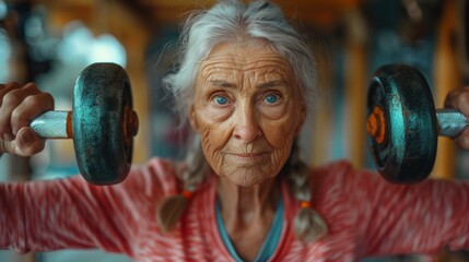 An elderly woman exercises under the supervision of a physiotherapist, lifting dumbbells with determination and focus in a gym setting.