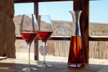 Sun soaked room in Namibia with sherry filled glasses and carafe - obrazy, fototapety, plakaty
