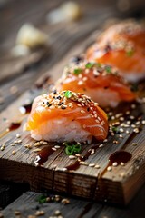 Sushi salmon nigiri sesame sprinkle - obrazy, fototapety, plakaty
