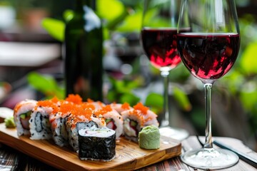 Sushi and red wine at restaurant table