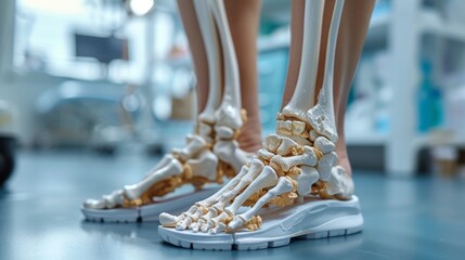 In a modern medical office, a professional physiotherapist assists a patient with gait analysis using a meticulously detailed anatomical model of the human feet and lower legs.