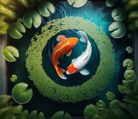 Two koi fish swimming in a circle surrounded by lily pads.