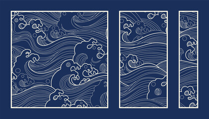 Blue sea wave pattern vector collection. Laser cut with line design pattern. Design for wood carving, wall panel decor, metal cutting, wall arts, cover background, wallpaper and banner.