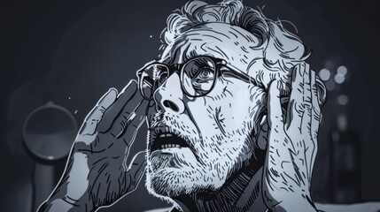 Illustration of a worried senior man adjusting his glasses as he struggles with hearing, depicted in a stark monochrome style, highlighting the challenges of aging. - 792358197