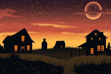 Fototapeta na wymiar Cartoon cute doodles of a rural farmhouse, with the silhouette of the building and its surrounding barns against the backdrop of the evening sky, Generative AI