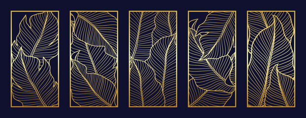 Gold foliage line art pattern vector collection. Laser cut with line design pattern. Design for wood carving, wall panel decor, metal cutting, wall arts, cover background, wallpaper and banner.