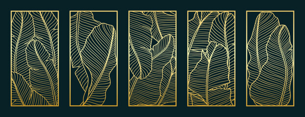 Gold banana leaf line art pattern vector collection. Laser cut with line design pattern. Design for wood carving, wall panel decor, metal cutting, wall arts, cover background, wallpaper and banner.