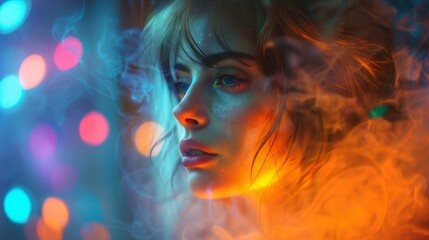 Stunning artistic portrait of a young woman enveloped in colorful, abstract light effects and smoke, capturing a surreal, ethereal mood. - 792358521