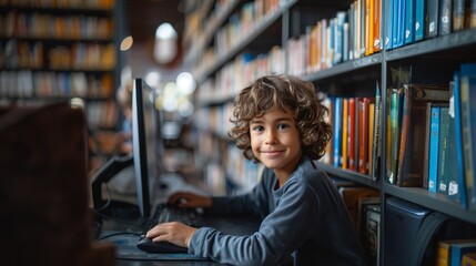 Joyful young schoolboy with curly hair happily using a computer in a library, surrounded by shelves filled with colorful books. - Powered by Adobe