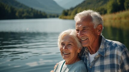 Happy caucasian senior pensioner retired couple traveler hiking by lake in blurred nature mountain background