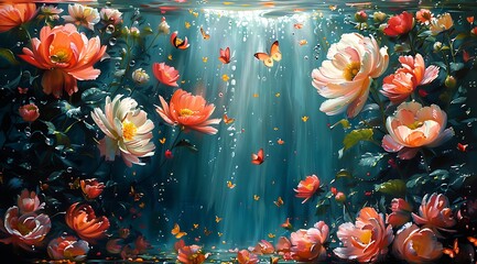 Suspended Floral Harmony: Oil Painting of Underwater Ballet with Graceful Poses