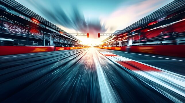 Grandstand stadium overlooks the F1 racing track circuit, with road motion blur for dynamic effect.