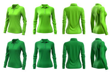 2 Set of woman dark light green lime front, back and side view collar long sleeve slim fit polo tee shirt on transparent background cutout, PNG file. Mockup template for artwork graphic design - obrazy, fototapety, plakaty