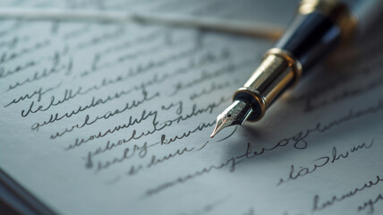 Close-up of a classic fountain pen on handwritten script on paper.