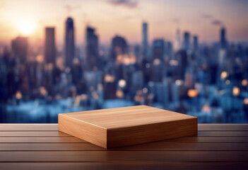 'Wooden Food Lights Empty City Urban Buildings Product Beauty Tabletop splay Products Blurred Podium Cosmetic Backdrop poduim dais building light' - obrazy, fototapety, plakaty