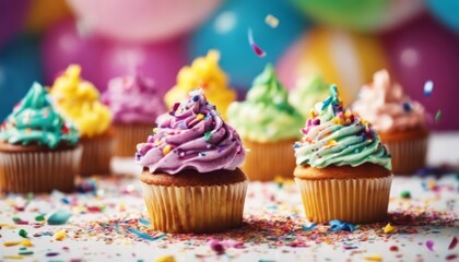 'Colorful birthday tasty confetti cupcakes. many sweet cupcake colourful pink yellow blue green flower sugar food butter cream sprinkle decorated decoration lot background party'