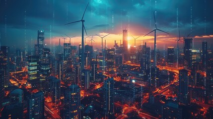 solar cell plant and wind generators in urban area connected to smart grid energy supply eolic turbine distribution of energy powerplant energy transmission high voltage supply concept stock image