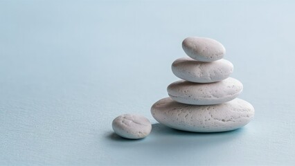 Fototapeta na wymiar Seabreeze Zen White Pebbles Tower on Light Blue Horizon