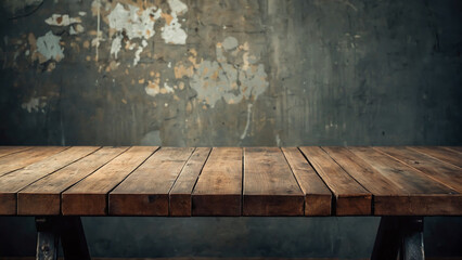 Wooden tabletop with a smooth, empty surface, set against a textured grunge wall background.