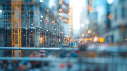 Defocused image of a bustling construction site displaying the ongoing work and progress on a project. Perfect for showcasing the process of a building being erected. .
