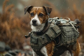A military Jack Russell dog in a K9 bulletproof vest in full combat readiness. Concept of a dog searching for mines in the field. War, military actions. - obrazy, fototapety, plakaty