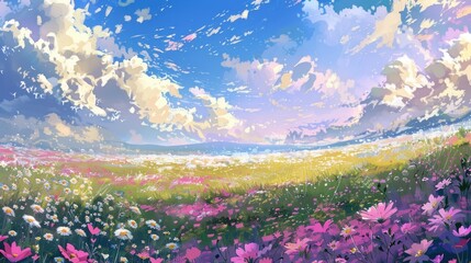 A sweeping view of hills blanketed in wildflowers beneath a vast, impressionistic sky, echoing a sense of expansive beauty.