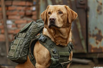 A military Labrador dog in a K9 bulletproof vest in full combat readiness. Concept of a dog searching for mines in the field. War, military actions. - obrazy, fototapety, plakaty