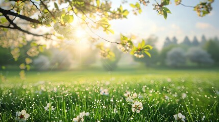 Sunbeams filter through fresh spring blossoms, illuminating a lush meadow dotted with morning dew drops.