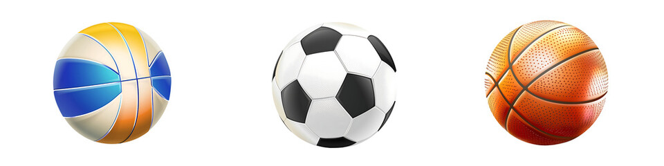 set of sports ball (soccer ball, volleyball, basketball) isolated on transparent background