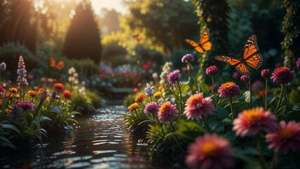 garden full of exotic and vibrant flowers, butterflies...(3). - obrazy, fototapety, plakaty