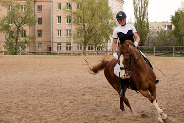 Equestrian executing a turn in a city sand arena