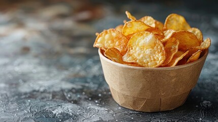 crispy potato chips in a cup on a dark background tinted stock photo