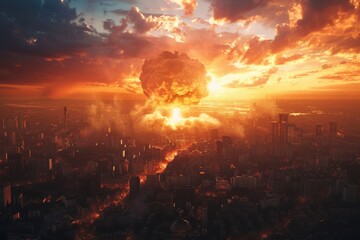 Nuclear explosion in a big city. Concept of nuclear war. Third World War. Nuclear attack.